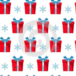 Seamless pattern red gift boxes with blue ribbon and bow on white background. Christmas, surprise, anniwersary concept