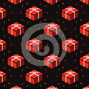 Seamless Pattern of Red Gift Boxes with White Ribbons on Black Background