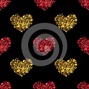 Seamless pattern red & golden hearts made of flower petals black background isolated, heart repeating ornament, valentines day