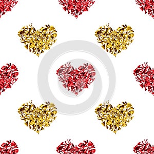 Seamless pattern red & golden hearts made of flower petals white background isolated, heart repeating ornament, valentines day