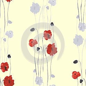 Seamless pattern of red and gray flowers of poppy on a light yellow background. Watercolor