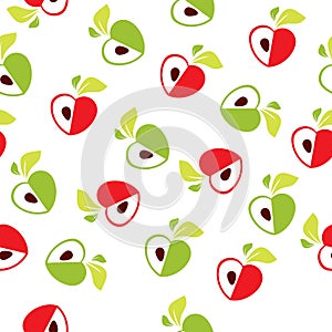 Seamless pattern of red and green apple heart on white background - vector illustration