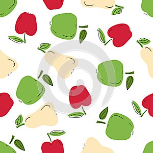 Seamless pattern with red, green apples and pears with black line on white background. Hand drawn vector flat cartoon doodle