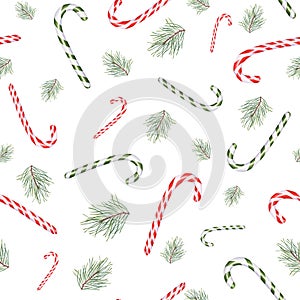 Seamless pattern of red and green candy canes, pine branches. Bonbons, candies, sugar caramels, Christmas tree, conifer twig.