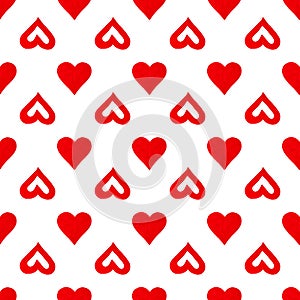 Seamless pattern red hand drawn hearts on white background isolated, watercolor painted heart repeating ornament, love symbol