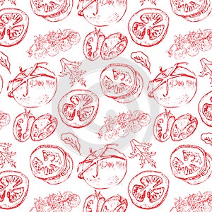 Seamless pattern of red hand drawn tomatoes, tomato slices on a white background. Vector illustration