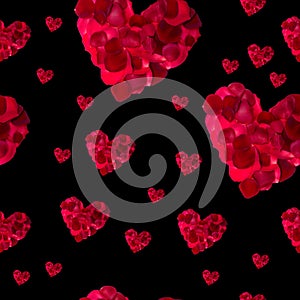 Seamless pattern red heart rose petals