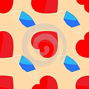 seamless pattern of red hearts and blue medical masks in flat style.