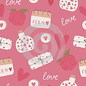 Seamless pattern with red hearts, declarations of love and more. Valentine's day background with symbols of love