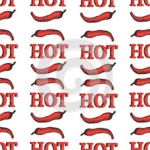 Seamless pattern with red hot chili pepper. Spices isolated on white background with brown words. Vector illustration for textile,