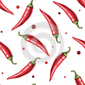 Seamless pattern of red hot chili pepper, whole pod. Hand drawn watercolor illustration isolated on white background