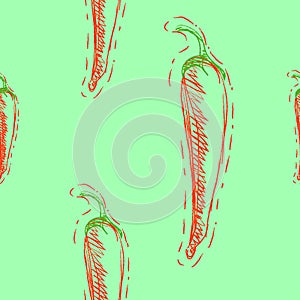 Seamless pattern with red hot chili peppers on green background