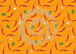 Seamless pattern red hot chili peppers on orange background