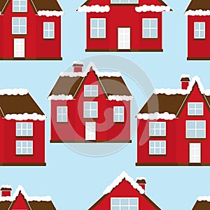 Seamless pattern red houses snow vector illustration