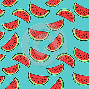 Seamless pattern red juicy slice of tasty watermelon with seed on turquoise background.