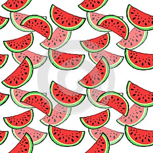 Seamless pattern red juicy slice of tasty watermelon with seed on white background.