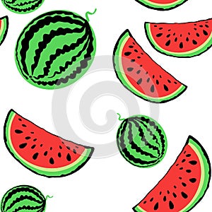 Seamless pattern red juicy slice of tasty watermelon with seed on white background.