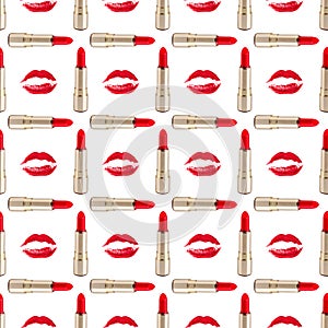 Seamless pattern red kiss print and golden lipstick on white background isolated, open lipsticks and sexy pink lips makeup stamp