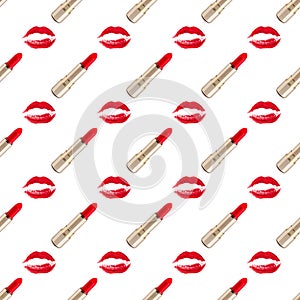 Seamless pattern red kiss print and golden lipstick on white background isolated, open lipsticks and sexy pink lips makeup stamp