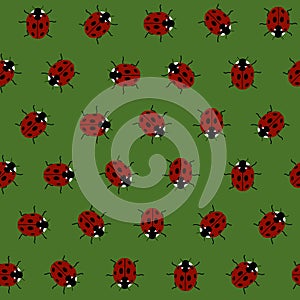 Seamless Pattern with Red Ladybugs and Ladybirds on a Dark Green Background.