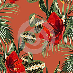 Seamless pattern, red lilies flowers and tropical plants and leaves on brown background.