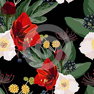 Seamless pattern with red lilies, white peony, berries and herbs, flowers and leaves on black background.