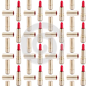 Seamless pattern of red lipstick in golden tube on white background isolated, shiny gold open and closed pink lipsticks, cosmetics