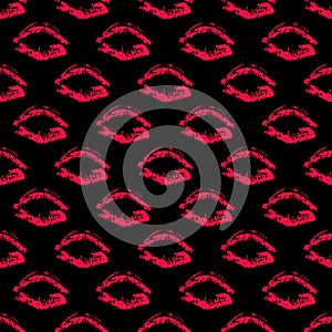 Seamless pattern red lipstick kiss on black background. Lips prints vector illustration. Perfect for Valentines day postcard,
