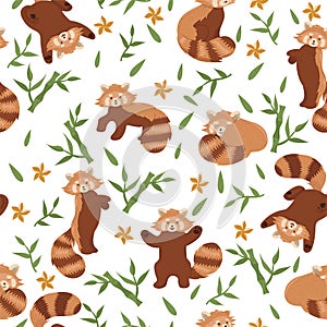 Seamless pattern with red pandas and bamboo on a white background. Vector graphics