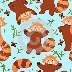 Seamless pattern with red pandas. Vector graphics