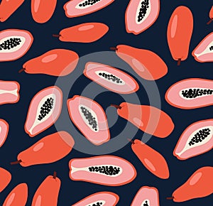 Seamless pattern of red papaya and half of pink papaya background elements on blue background.