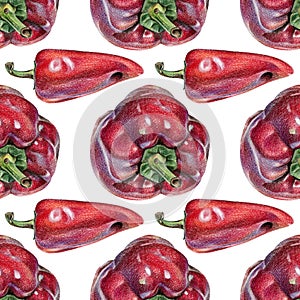 Seamless pattern with red peppers drawn by hand with colored pencil