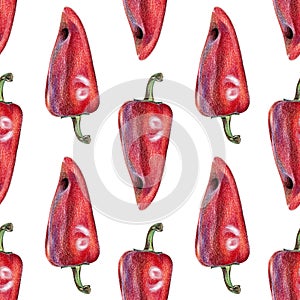 Seamless pattern with red peppers drawn by hand with colored pencil