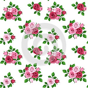 Seamless pattern with red and pink roses on white.