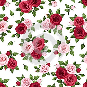 Seamless pattern with red and pink roses on white. Vector illustration.