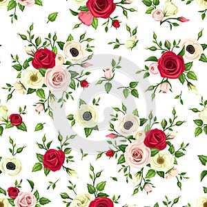 Seamless pattern with red, pink and white roses, lisianthuses and anemone flowers. Vector illustration. photo