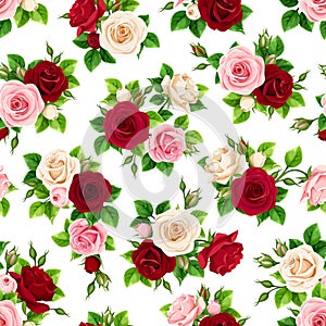 Seamless pattern with red, pink and white roses. Vector illustration.