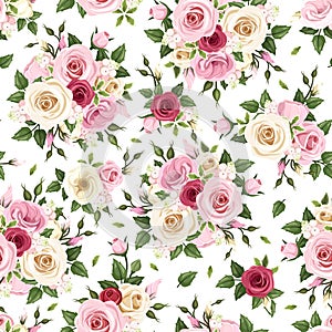 Seamless pattern with red, pink and white roses. Vector illustration.