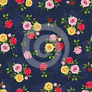 Seamless pattern with red, pink and yellow roses on blue. Vector illustration.