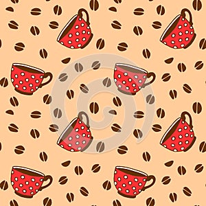 Seamless pattern with red polka dot cups mugs and grains of coffee. Hand drawn kitchen supplies isolated. Vector background and