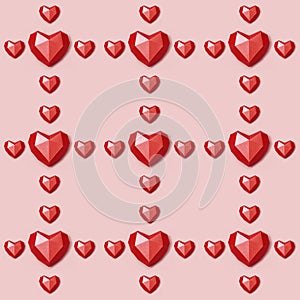 Seamless pattern with red polygonal paper heart on pink background. Wallpaper for Valentines Day. Love concept