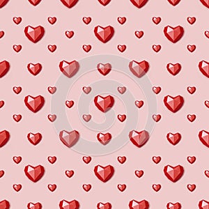 Seamless pattern with red polygonal paper heart on pink background. Wallpaper for Valentines Day. Love concept