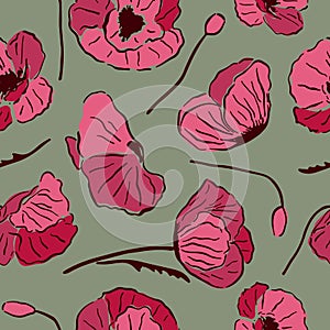 Seamless pattern with red poppy flowers and buds on green background.