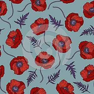 Seamless pattern with red poppy flowers. Papaver. Hand drawn line art sketch vector illustration. Ornate elegant summer