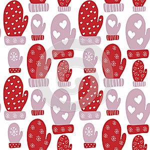 Seamless pattern in red and purple mittens on a white background