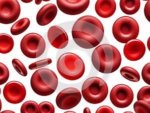 Seamless pattern of red red blood cells under a microscope on a white background isolated. 3D illustration, top view