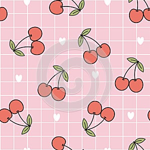 Seamless pattern red ripe cherry with square grid background hand drawn design in cartoon style.