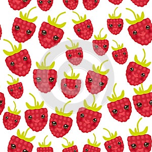 Seamless pattern Red ripe raspberries Fresh juicy berries kawaii funny face with eyes isolated on white background. Vector