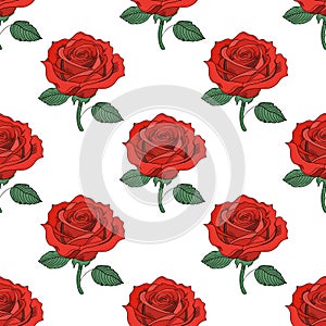 Seamless pattern of red roses with green leaves