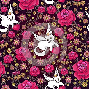 Seamless Pattern of Red Roses and White Cats with Hearts